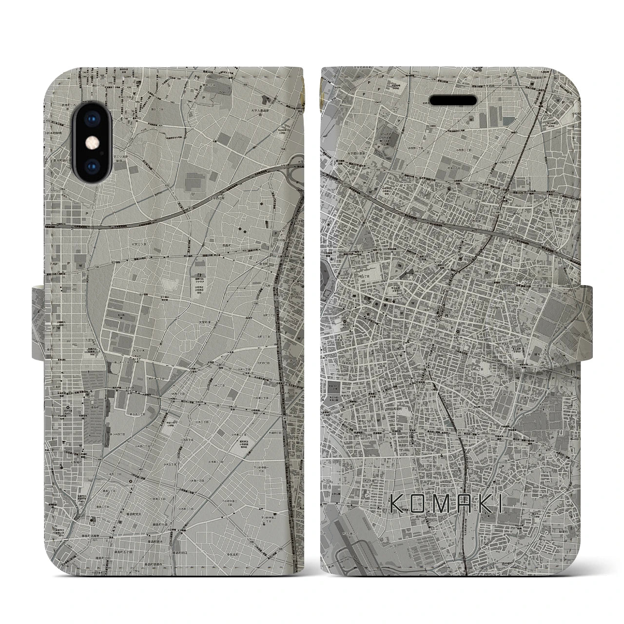【小牧(愛知県)】地図柄iPhoneケース(手帳タイプ)モノトーン・iPhone XS / X 用
