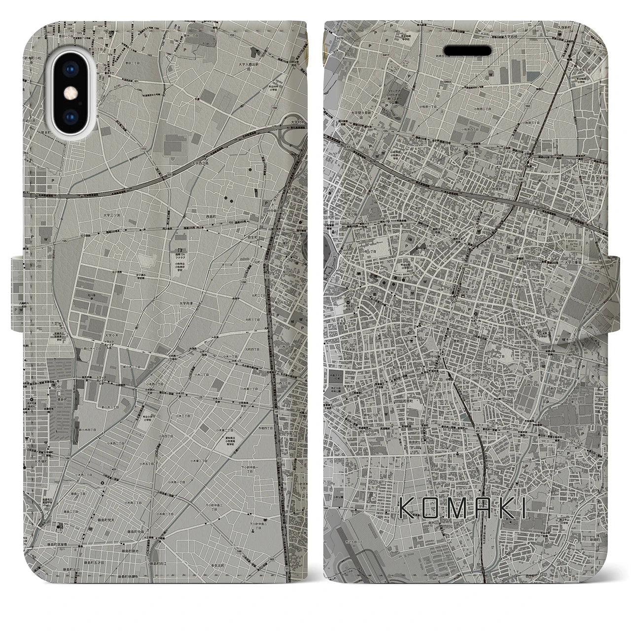 【小牧(愛知県)】地図柄iPhoneケース(手帳タイプ)モノトーン・iPhone XS Max 用