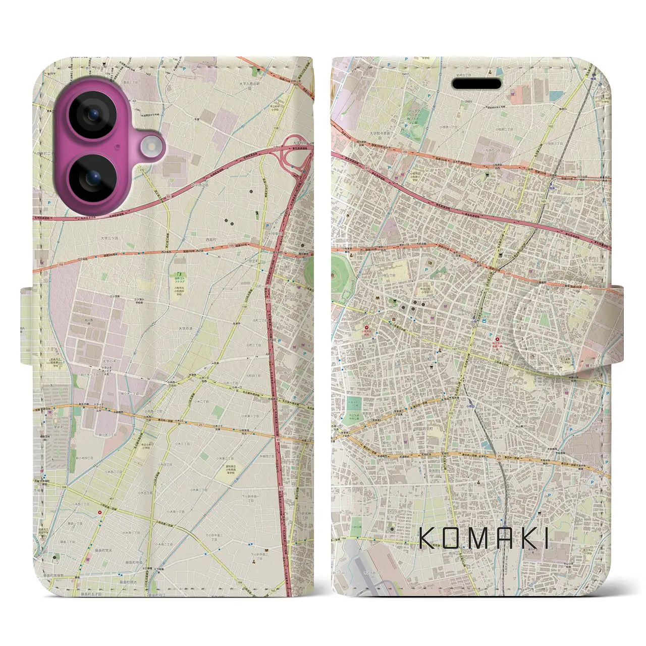 【小牧(愛知県)】地図柄iPhoneケース(手帳タイプ)ナチュラル・iPhone 16 Pro 用