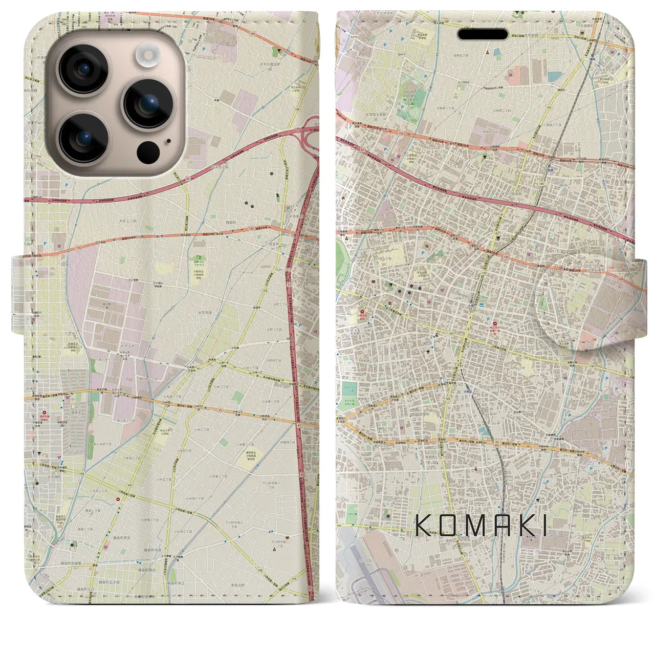 【小牧(愛知県)】地図柄iPhoneケース(手帳タイプ)ナチュラル・iPhone 16 Plus 用