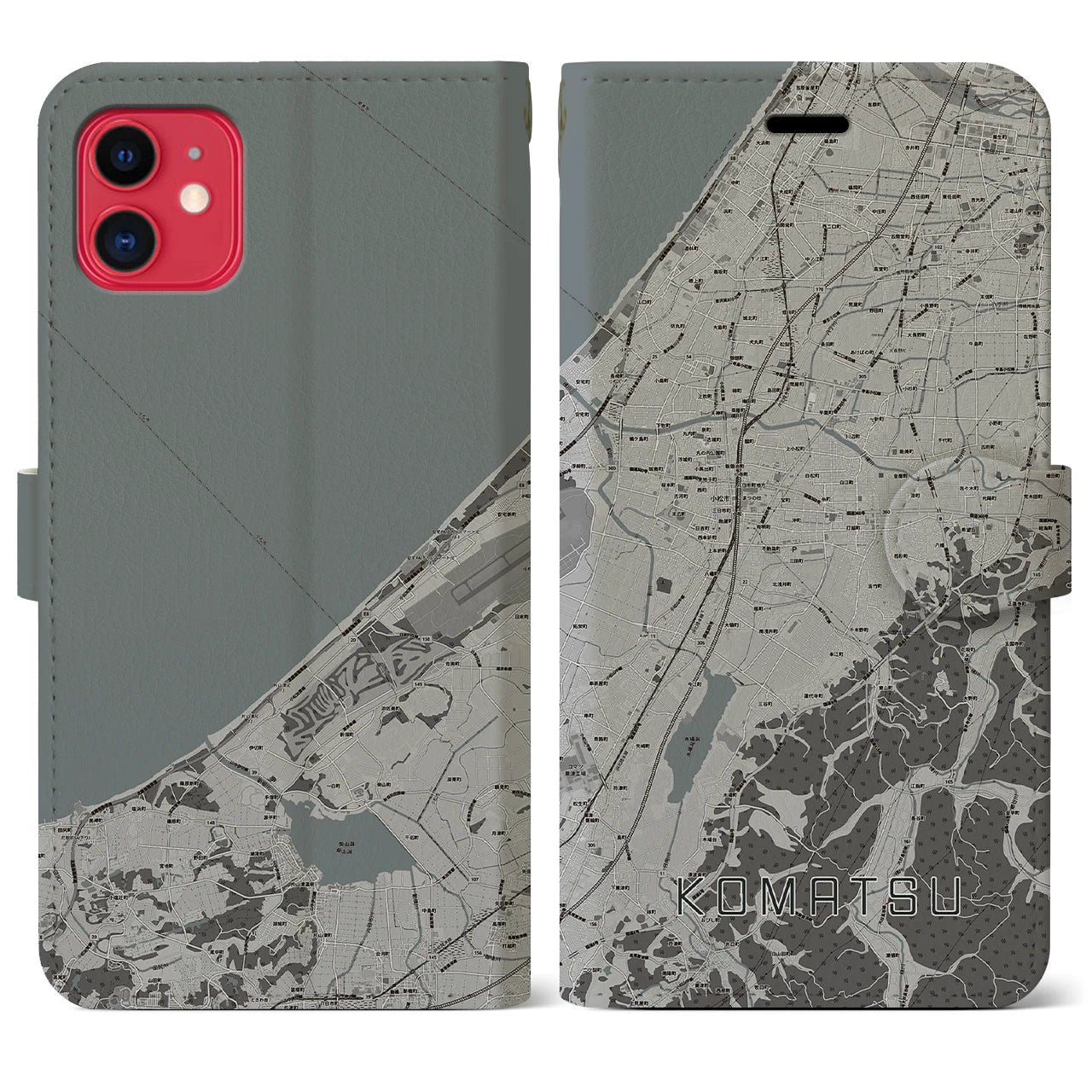 【小松(石川県)】地図柄iPhoneケース(手帳タイプ)モノトーン・iPhone 11 用