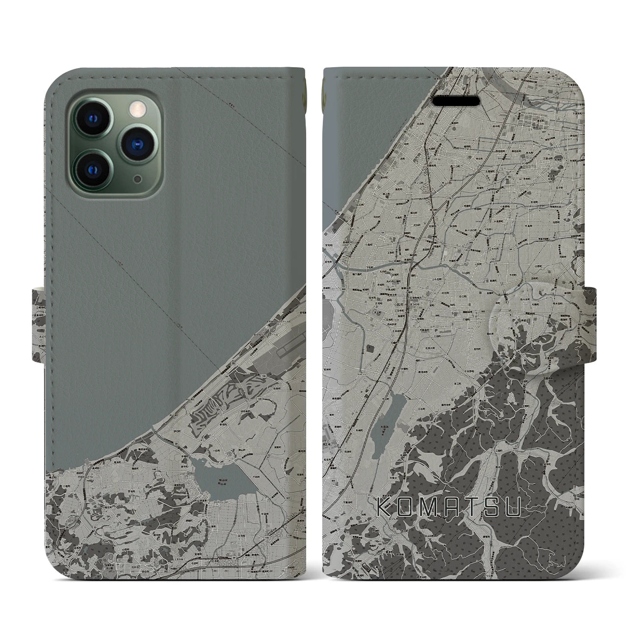 【小松(石川県)】地図柄iPhoneケース(手帳タイプ)モノトーン・iPhone 11 Pro 用