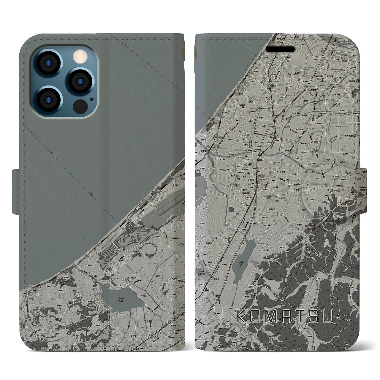 【小松(石川県)】地図柄iPhoneケース(手帳タイプ)モノトーン・iPhone 12 / 12 Pro 用