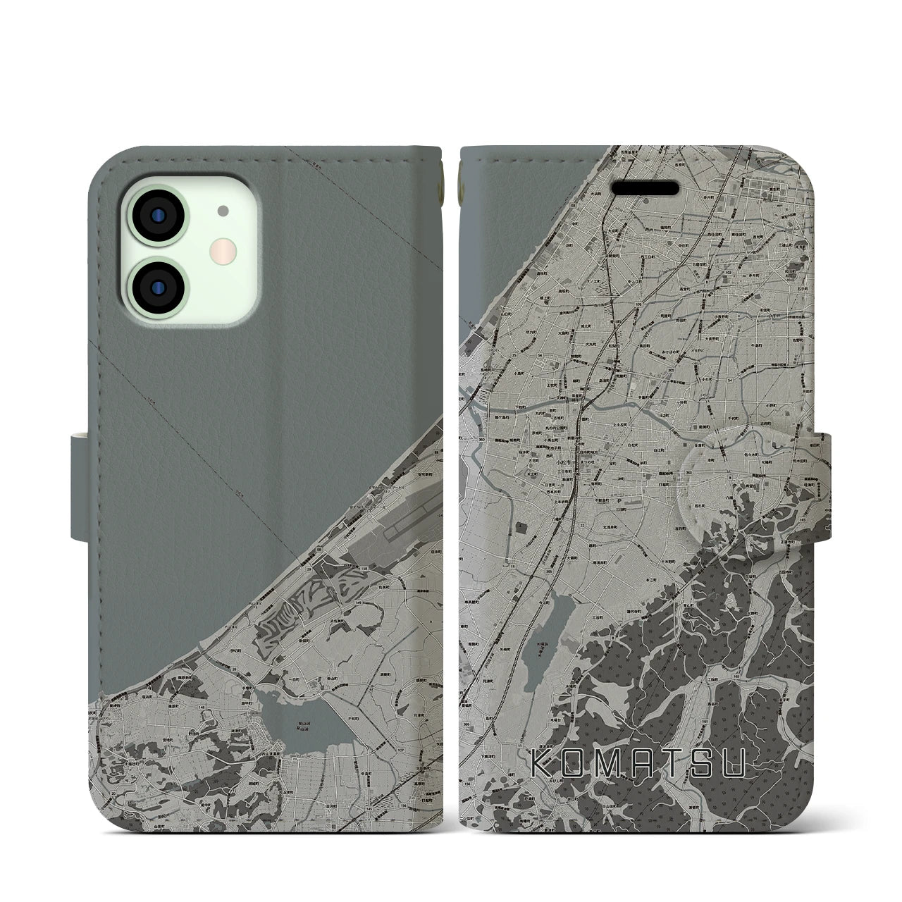 【小松(石川県)】地図柄iPhoneケース(手帳タイプ)モノトーン・iPhone 12 mini 用