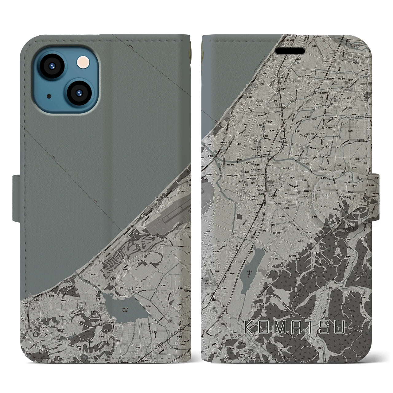 【小松(石川県)】地図柄iPhoneケース(手帳タイプ)モノトーン・iPhone 13 用