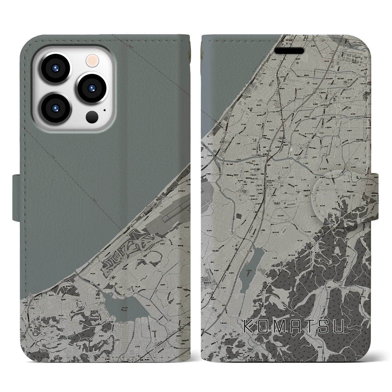 【小松(石川県)】地図柄iPhoneケース(手帳タイプ)モノトーン・iPhone 13 Pro 用