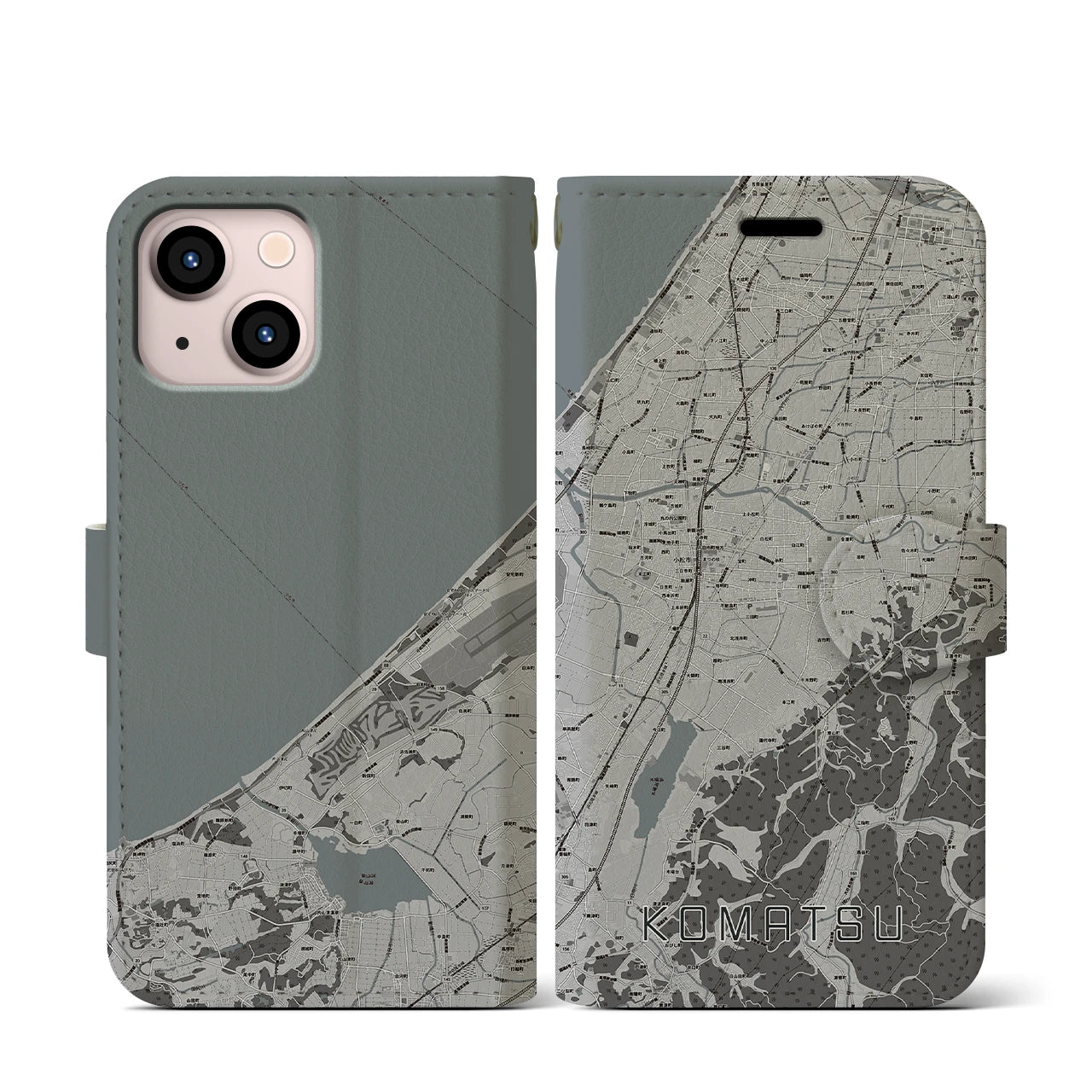 【小松(石川県)】地図柄iPhoneケース(手帳タイプ)モノトーン・iPhone 13 mini 用