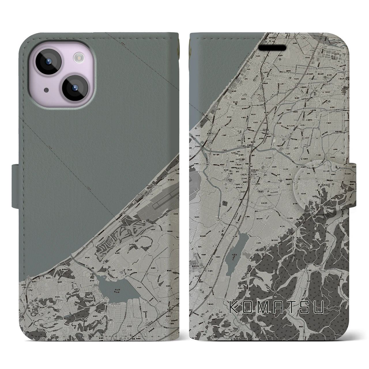 【小松(石川県)】地図柄iPhoneケース(手帳タイプ)モノトーン・iPhone 14 用