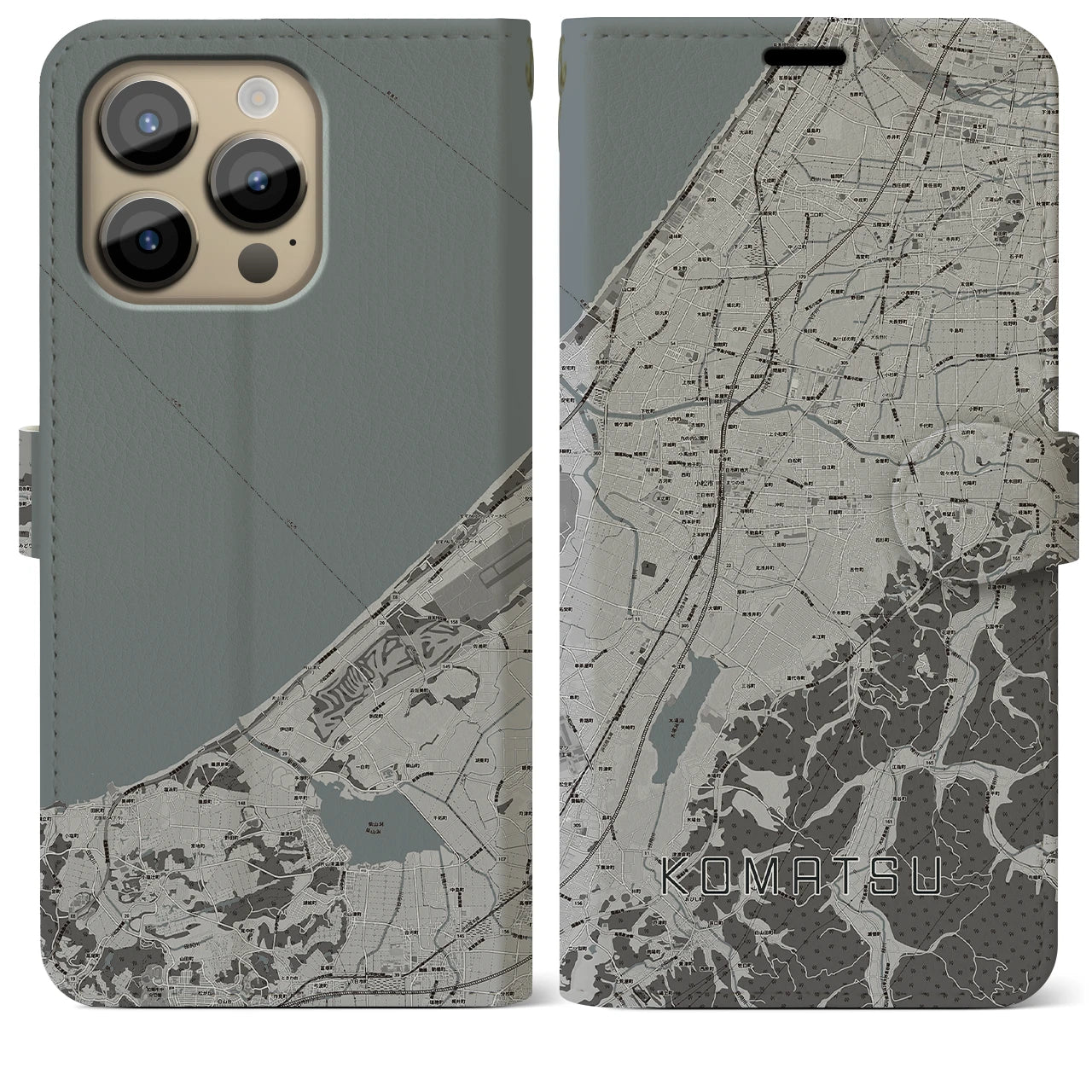 【小松(石川県)】地図柄iPhoneケース(手帳タイプ)モノトーン・iPhone 14 Pro Max 用