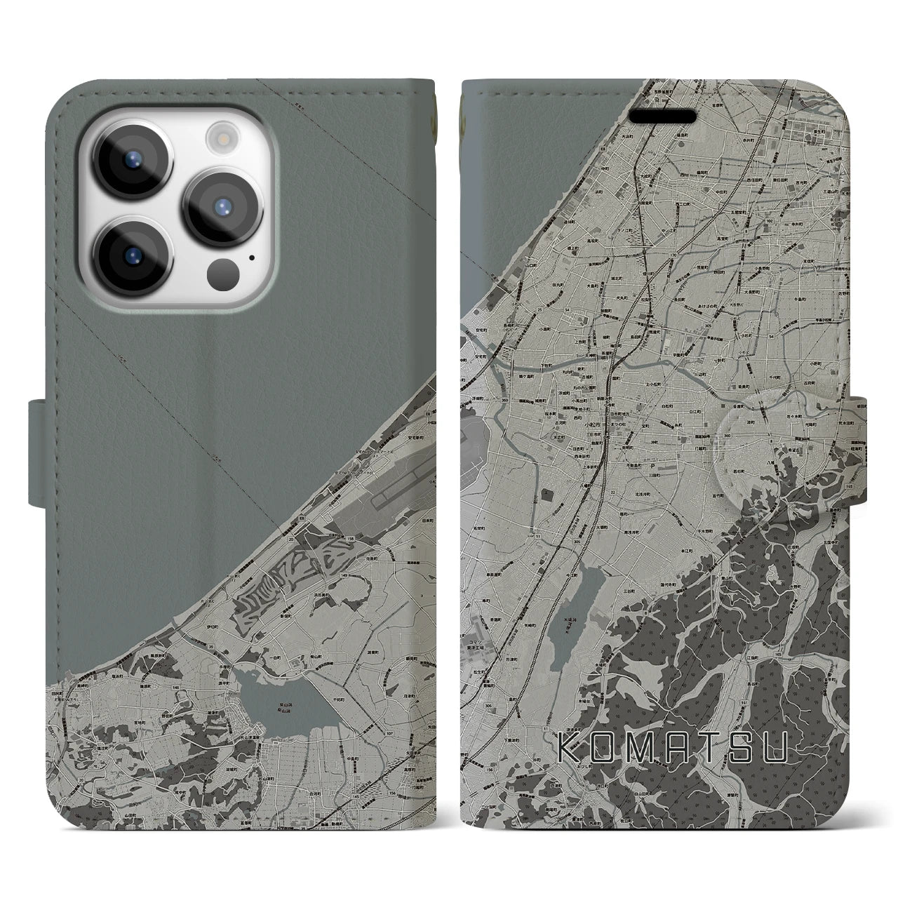 【小松(石川県)】地図柄iPhoneケース(手帳タイプ)モノトーン・iPhone 14 Pro 用