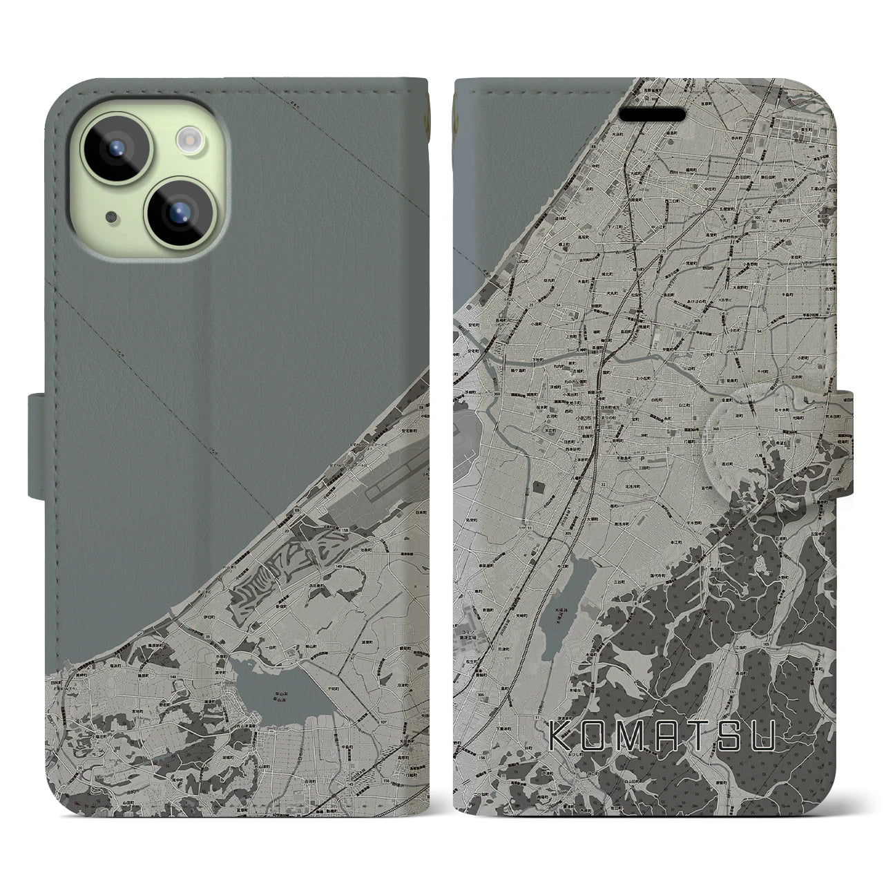 【小松(石川県)】地図柄iPhoneケース(手帳タイプ)モノトーン・iPhone 15 用