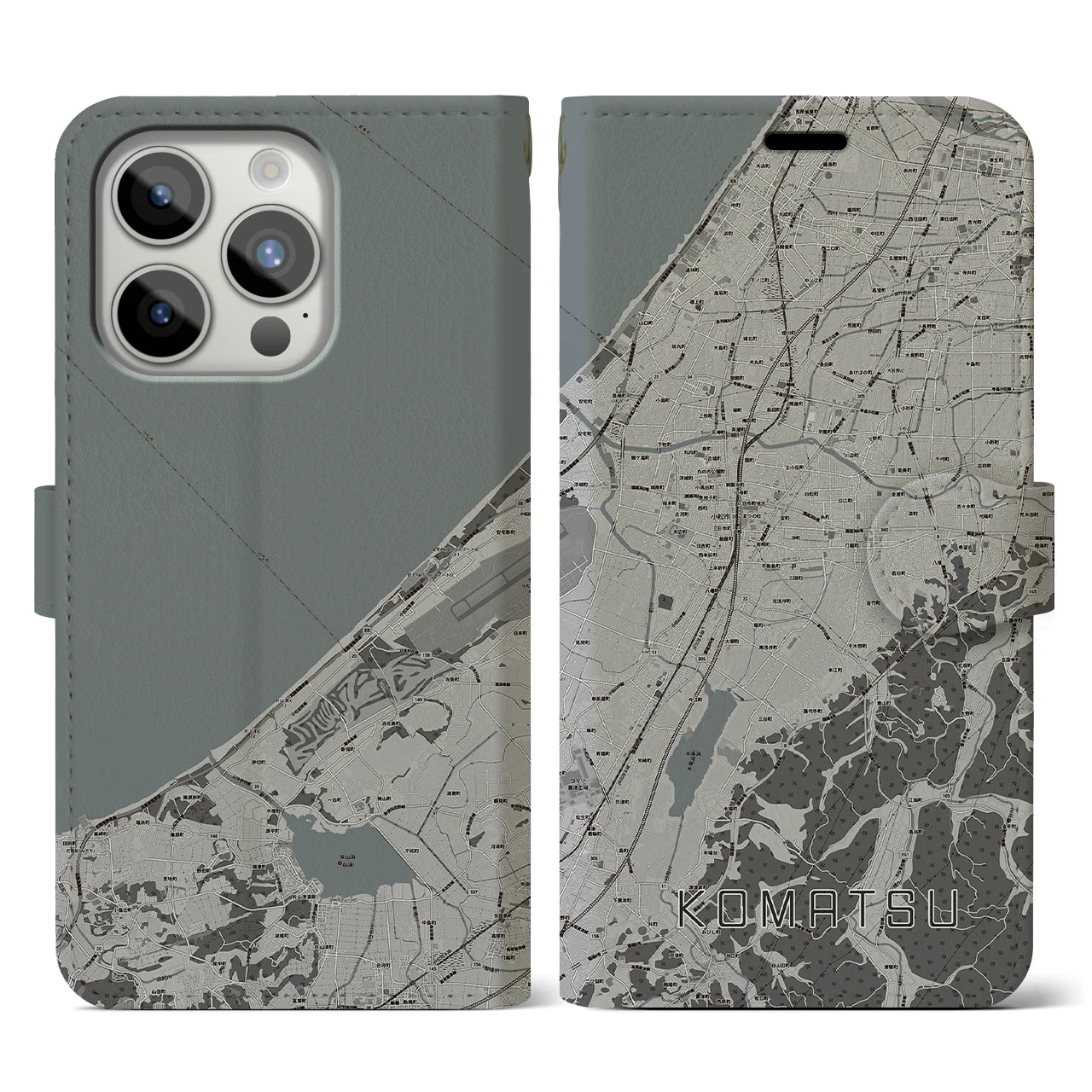 【小松(石川県)】地図柄iPhoneケース(手帳タイプ)モノトーン・iPhone 15 Pro 用