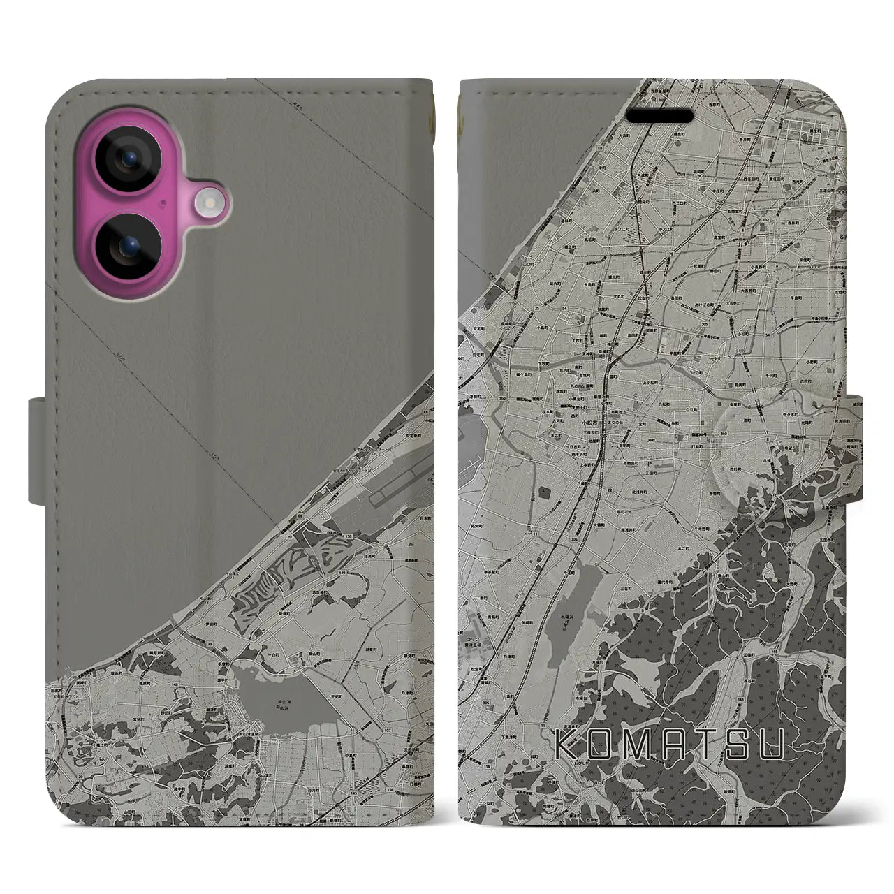 【小松(石川県)】地図柄iPhoneケース(手帳タイプ)モノトーン・iPhone 16 Pro 用