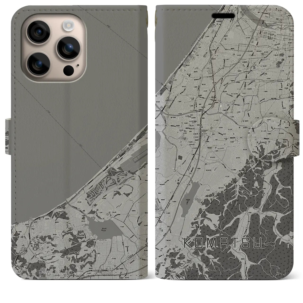 【小松(石川県)】地図柄iPhoneケース(手帳タイプ)モノトーン・iPhone 16 Plus 用