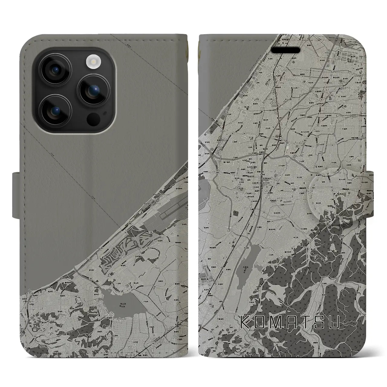 【小松(石川県)】地図柄iPhoneケース(手帳タイプ)モノトーン・iPhone 16 用