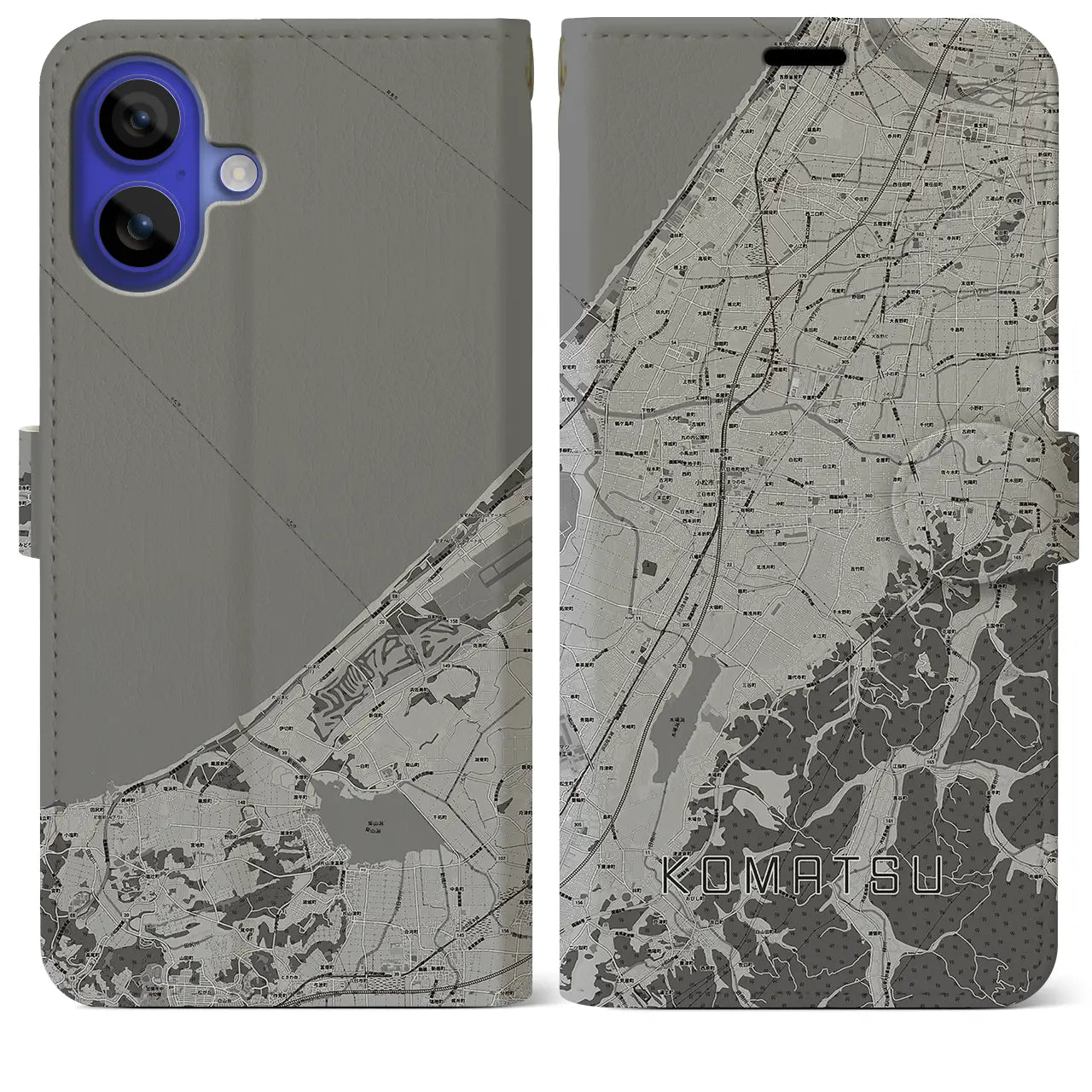 【小松(石川県)】地図柄iPhoneケース(手帳タイプ)モノトーン・iPhone 16 Pro Max 用