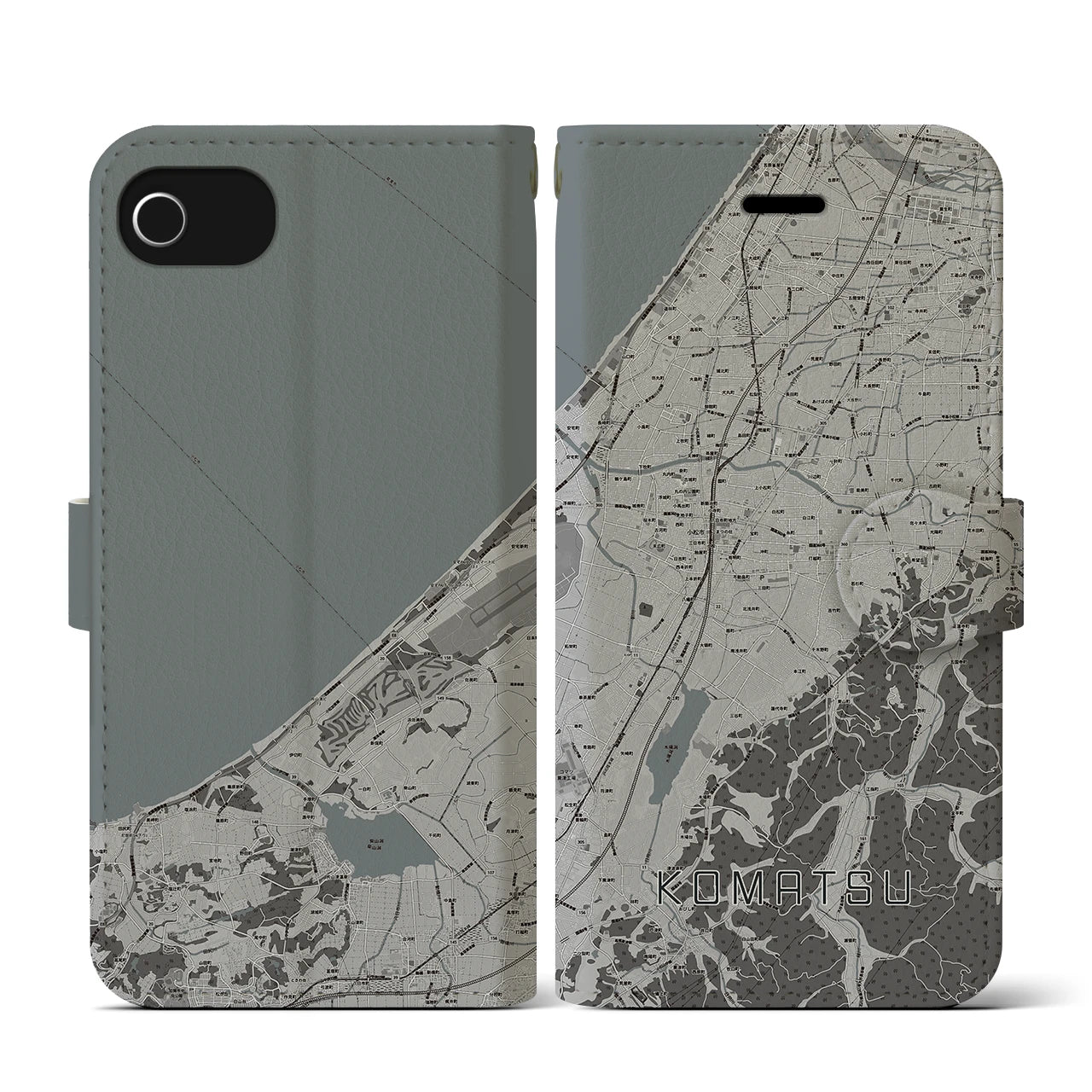 【小松(石川県)】地図柄iPhoneケース(手帳タイプ)モノトーン・iPhone SE(第3 / 第2世代) / 8 / 7 / 6s / 6 用