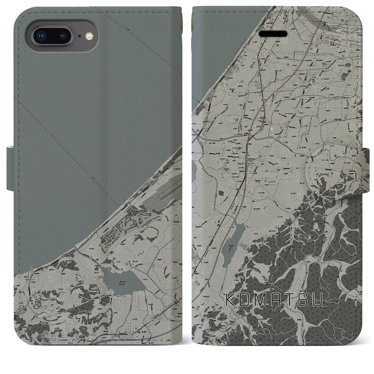 【小松(石川県)】地図柄iPhoneケース(手帳タイプ)モノトーン・iPhone 8Plus /7Plus / 6sPlus / 6Plus 用