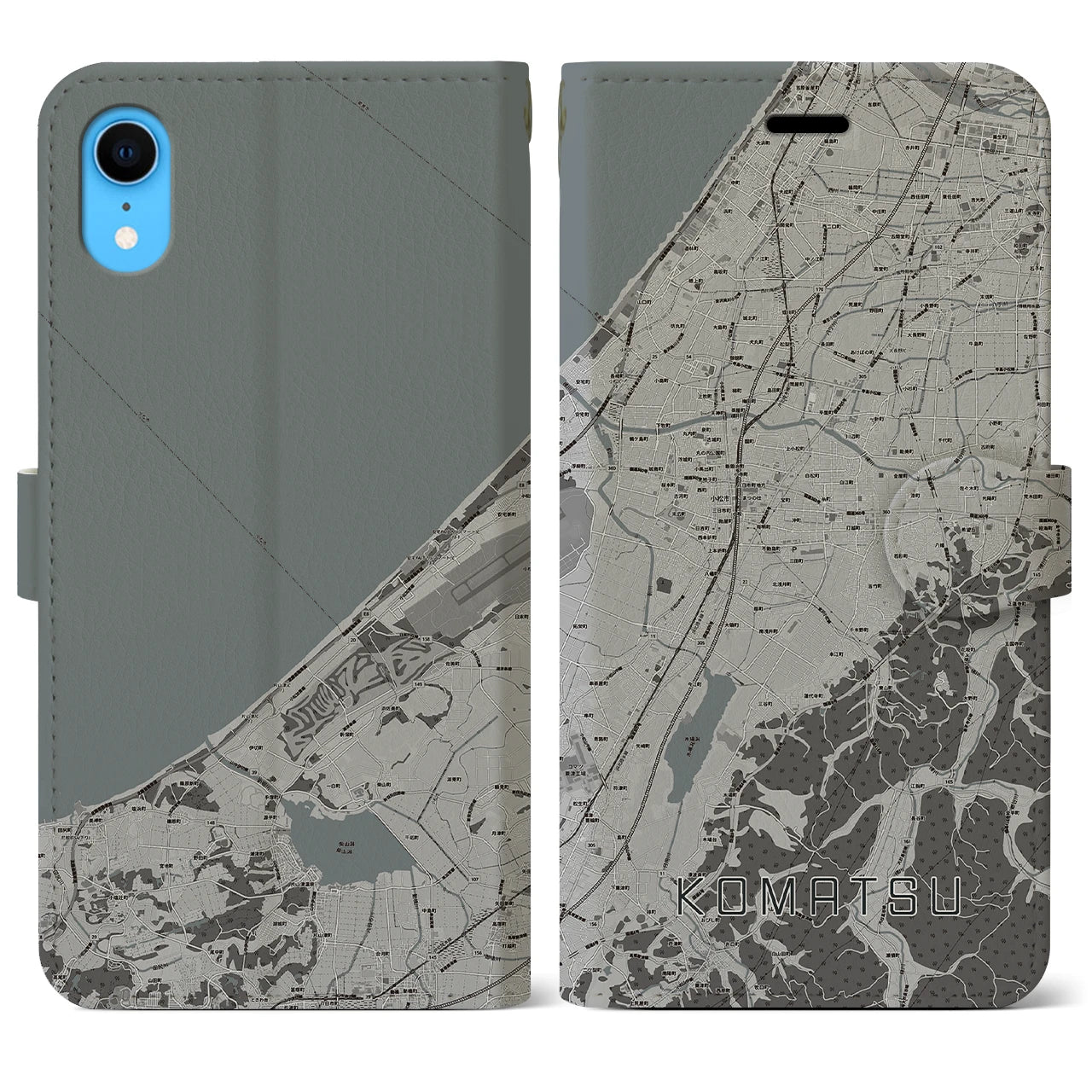 【小松(石川県)】地図柄iPhoneケース(手帳タイプ)モノトーン・iPhone XR 用