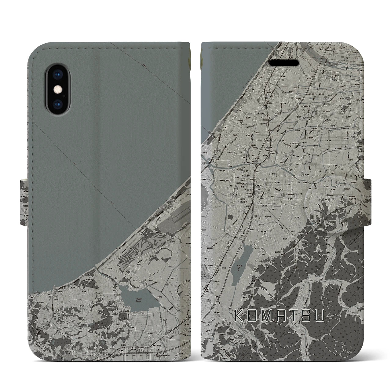 【小松(石川県)】地図柄iPhoneケース(手帳タイプ)モノトーン・iPhone XS / X 用