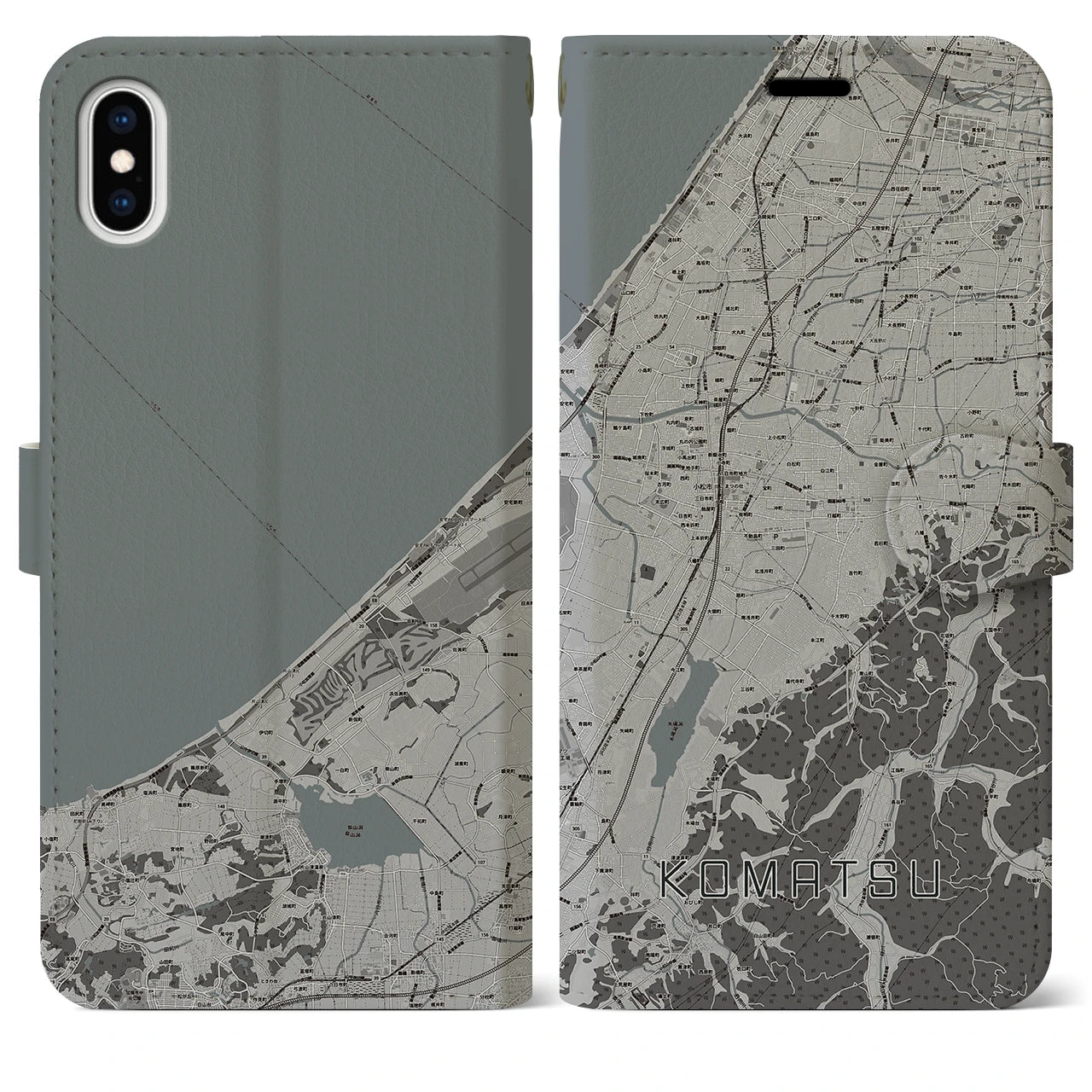 【小松(石川県)】地図柄iPhoneケース(手帳タイプ)モノトーン・iPhone XS Max 用
