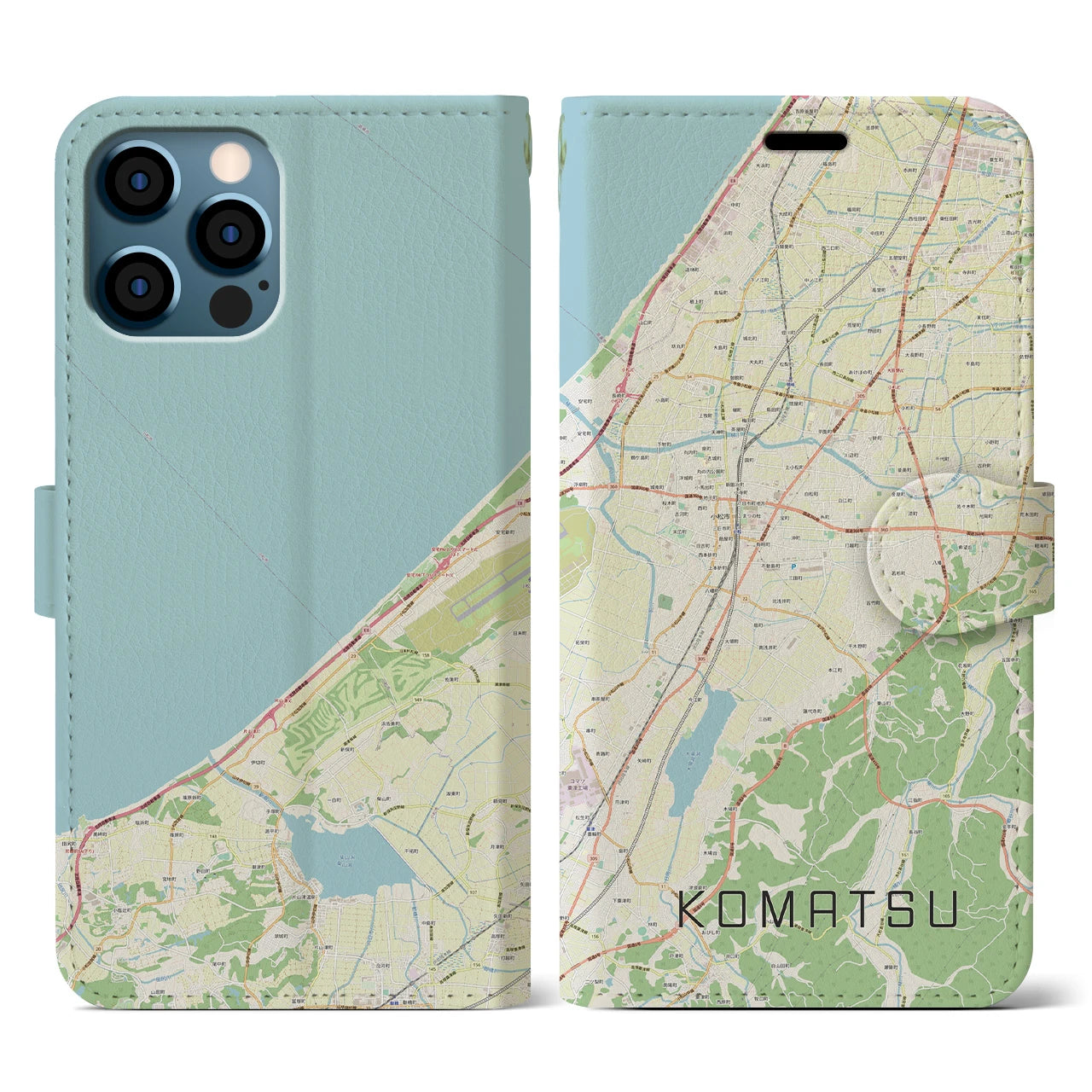 【小松(石川県)】地図柄iPhoneケース(手帳タイプ)ナチュラル・iPhone 12 / 12 Pro 用