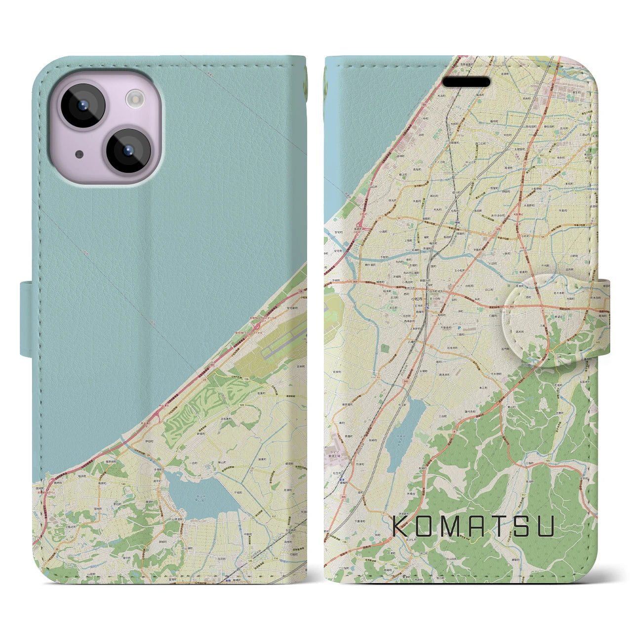 【小松(石川県)】地図柄iPhoneケース(手帳タイプ)ナチュラル・iPhone 14 用