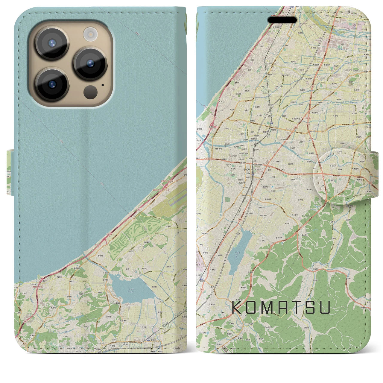 【小松(石川県)】地図柄iPhoneケース(手帳タイプ)ナチュラル・iPhone 14 Pro Max 用