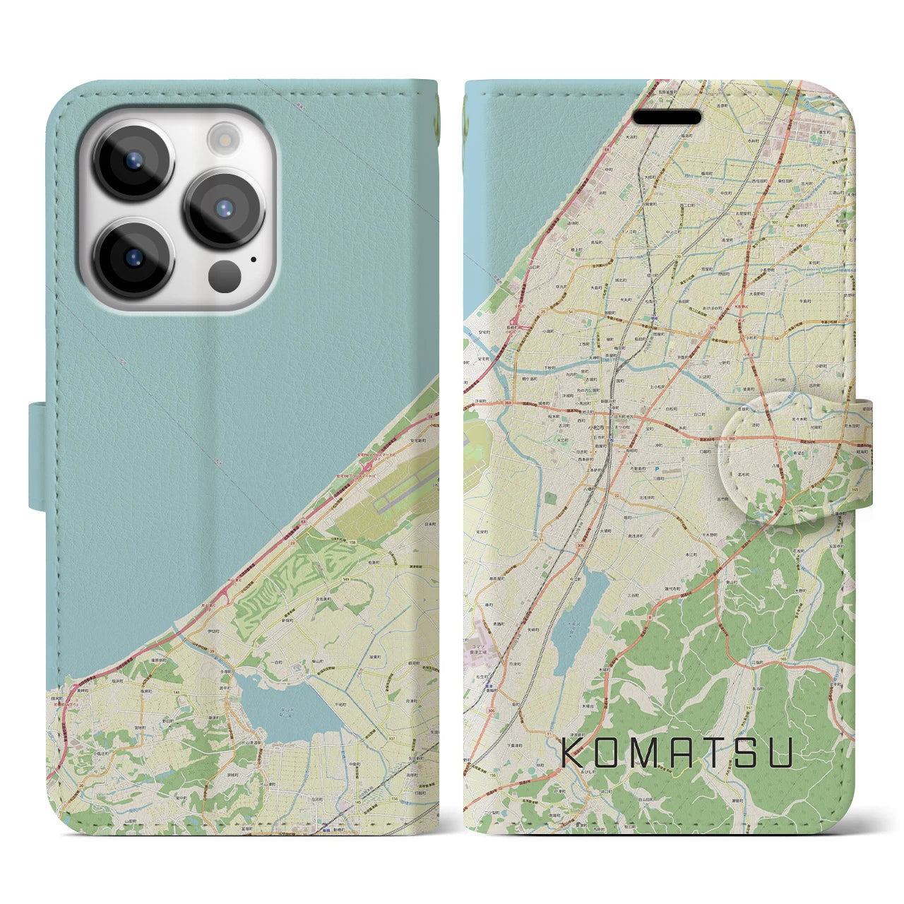 【小松(石川県)】地図柄iPhoneケース(手帳タイプ)ナチュラル・iPhone 14 Pro 用