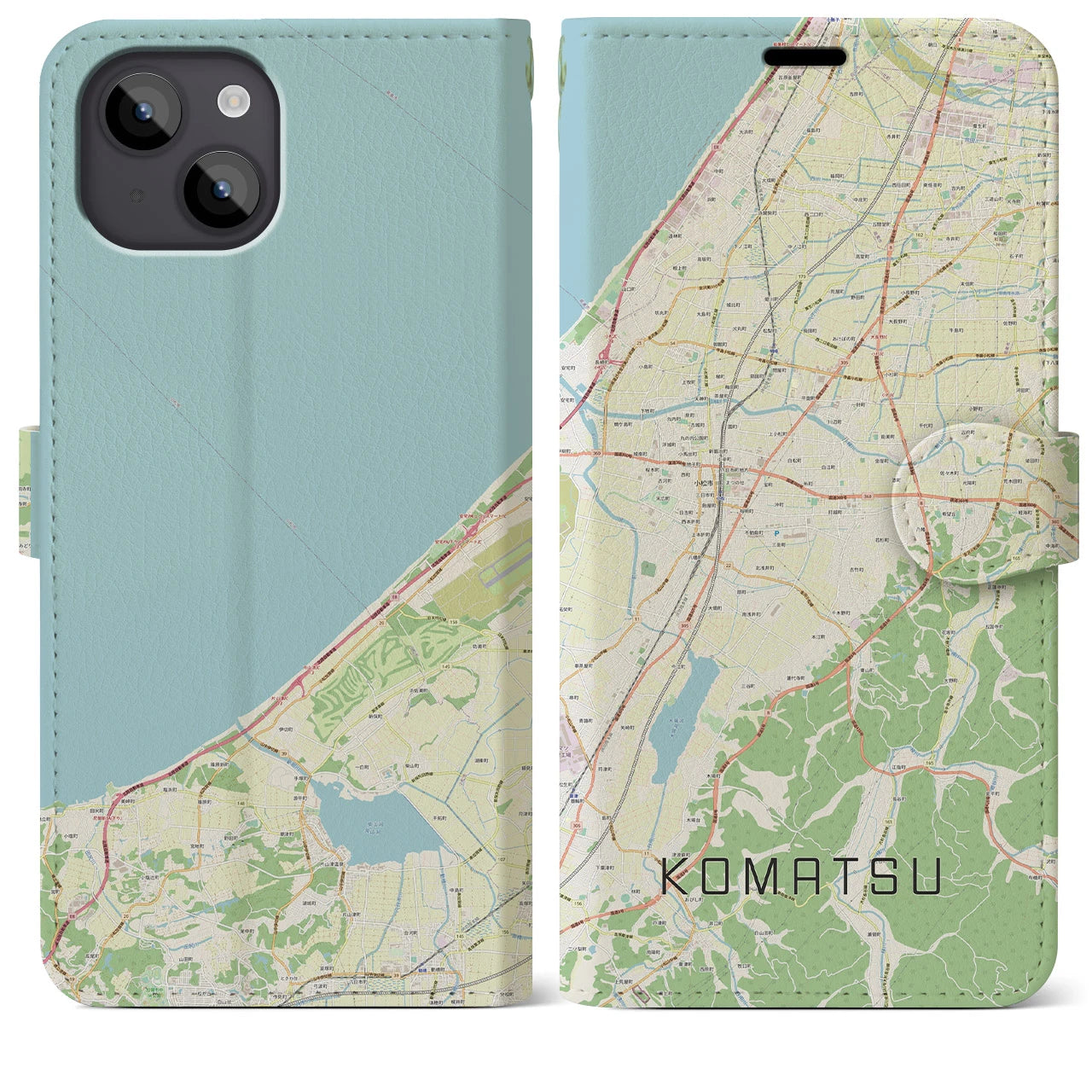 【小松(石川県)】地図柄iPhoneケース(手帳タイプ)ナチュラル・iPhone 14 Plus 用