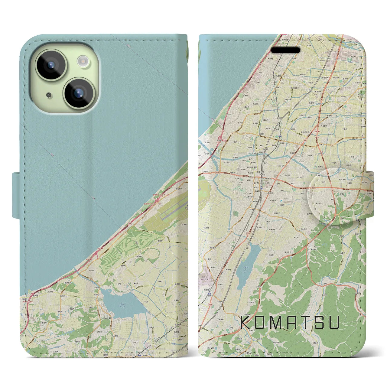 【小松(石川県)】地図柄iPhoneケース(手帳タイプ)ナチュラル・iPhone 15 用