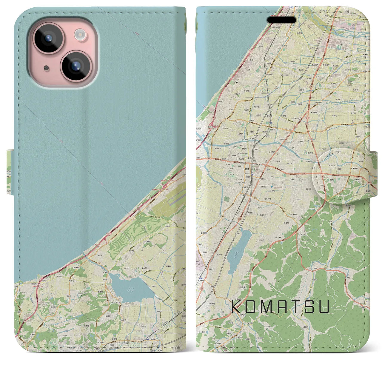 【小松(石川県)】地図柄iPhoneケース(手帳タイプ)ナチュラル・iPhone 15 Plus 用