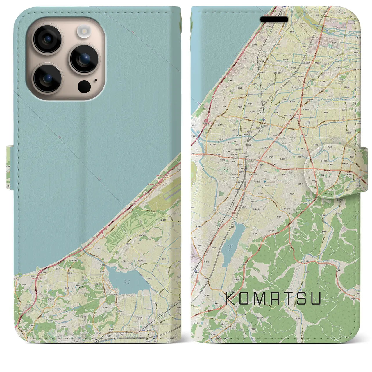 【小松(石川県)】地図柄iPhoneケース(手帳タイプ)ナチュラル・iPhone 16 Plus 用