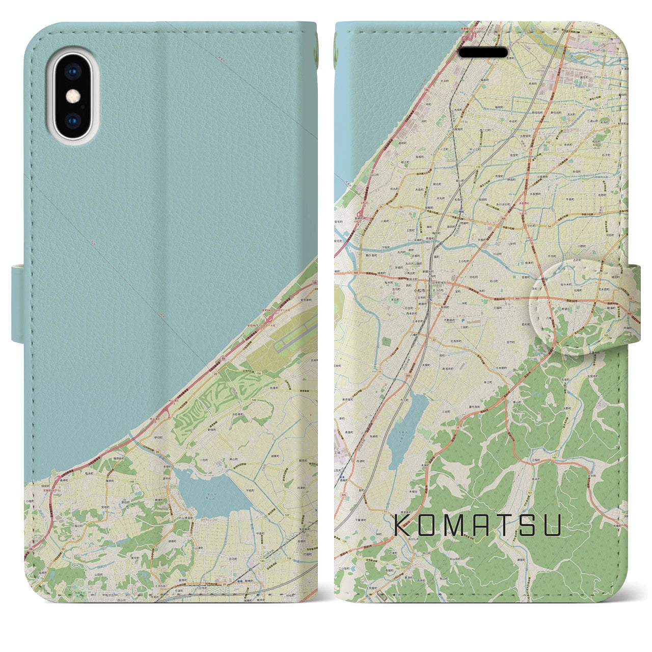 【小松(石川県)】地図柄iPhoneケース(手帳タイプ)ナチュラル・iPhone XS Max 用