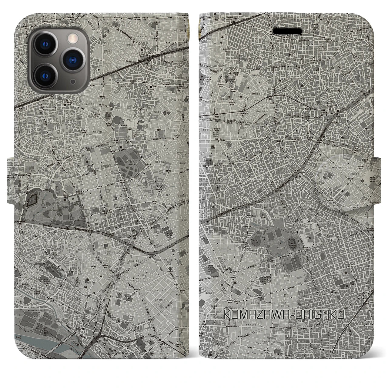 【駒沢大学(東京都)】地図柄iPhoneケース(手帳タイプ)モノトーン・iPhone 11 Pro Max 用