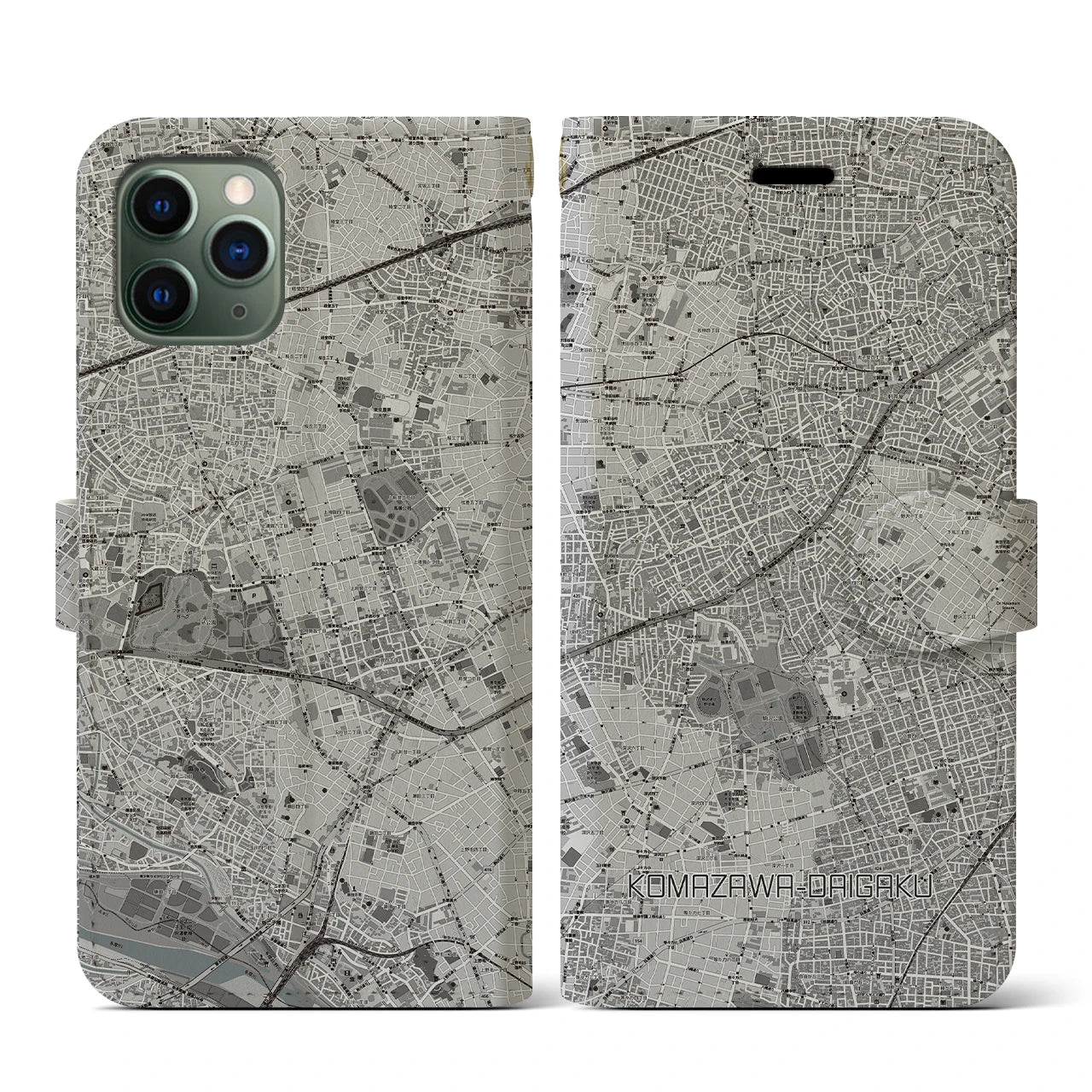 【駒沢大学(東京都)】地図柄iPhoneケース(手帳タイプ)モノトーン・iPhone 11 Pro 用