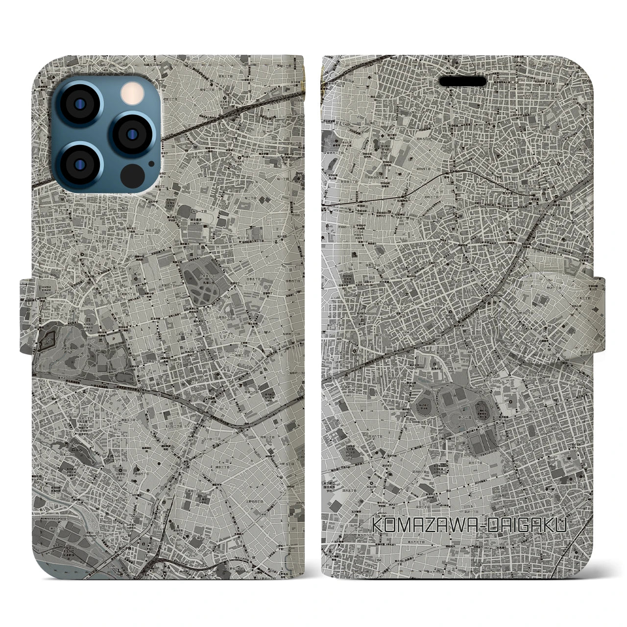 【駒沢大学(東京都)】地図柄iPhoneケース(手帳タイプ)モノトーン・iPhone 12 / 12 Pro 用