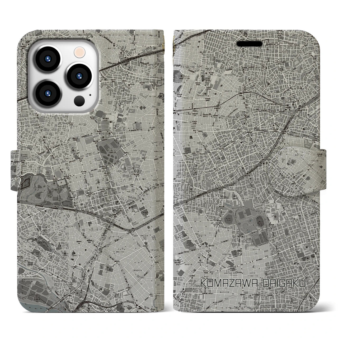 【駒沢大学(東京都)】地図柄iPhoneケース(手帳タイプ)モノトーン・iPhone 13 Pro 用