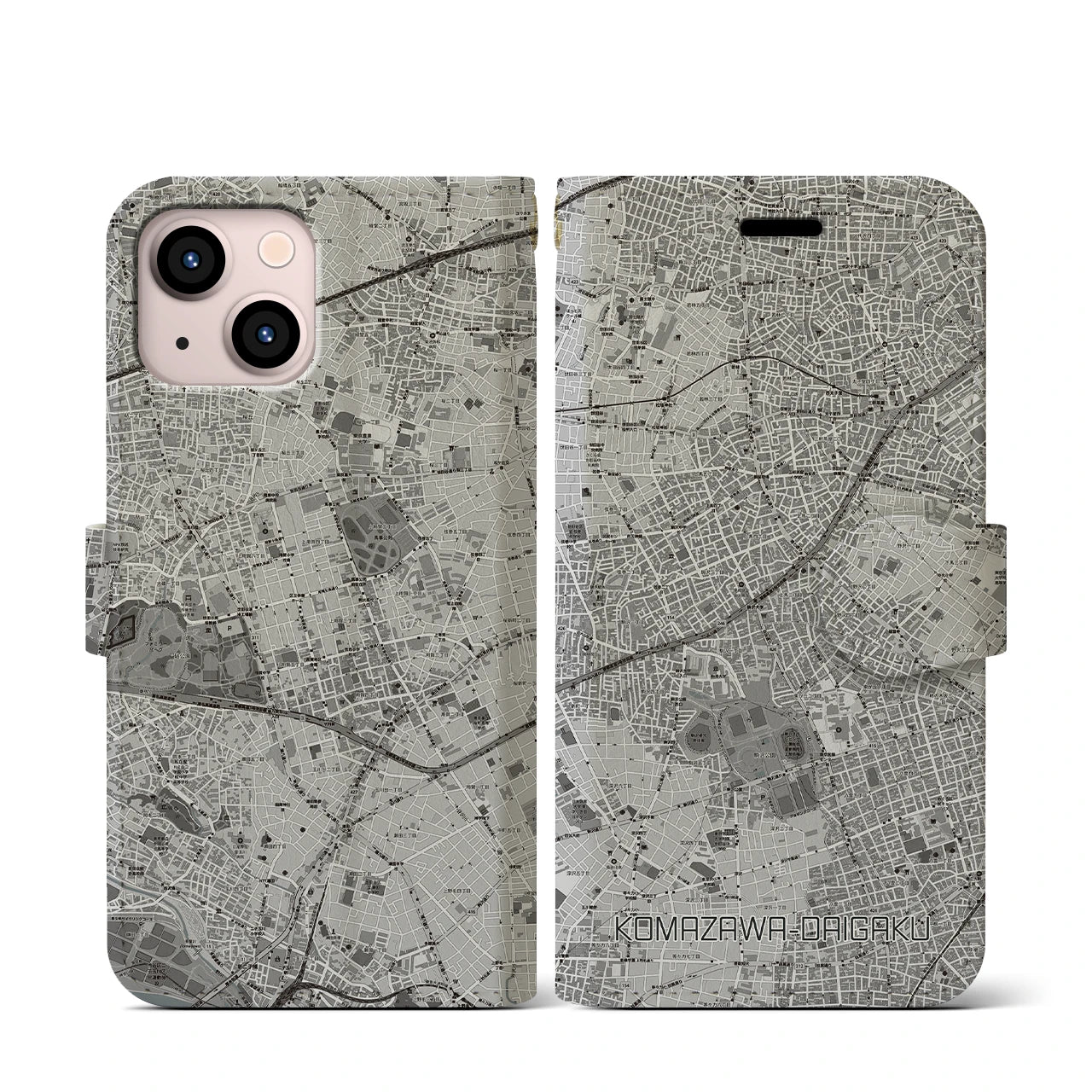 【駒沢大学(東京都)】地図柄iPhoneケース(手帳タイプ)モノトーン・iPhone 13 mini 用
