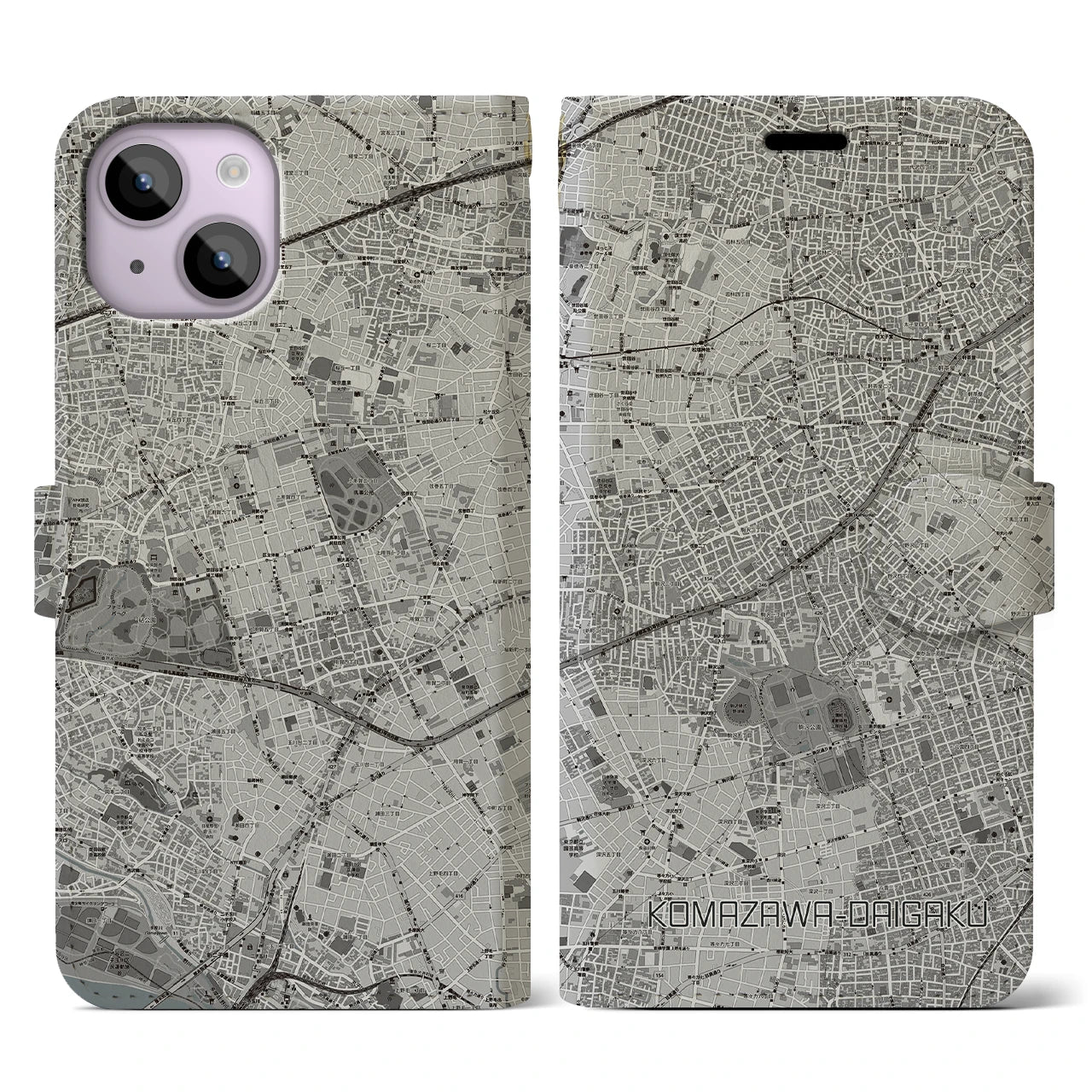【駒沢大学(東京都)】地図柄iPhoneケース(手帳タイプ)モノトーン・iPhone 14 用
