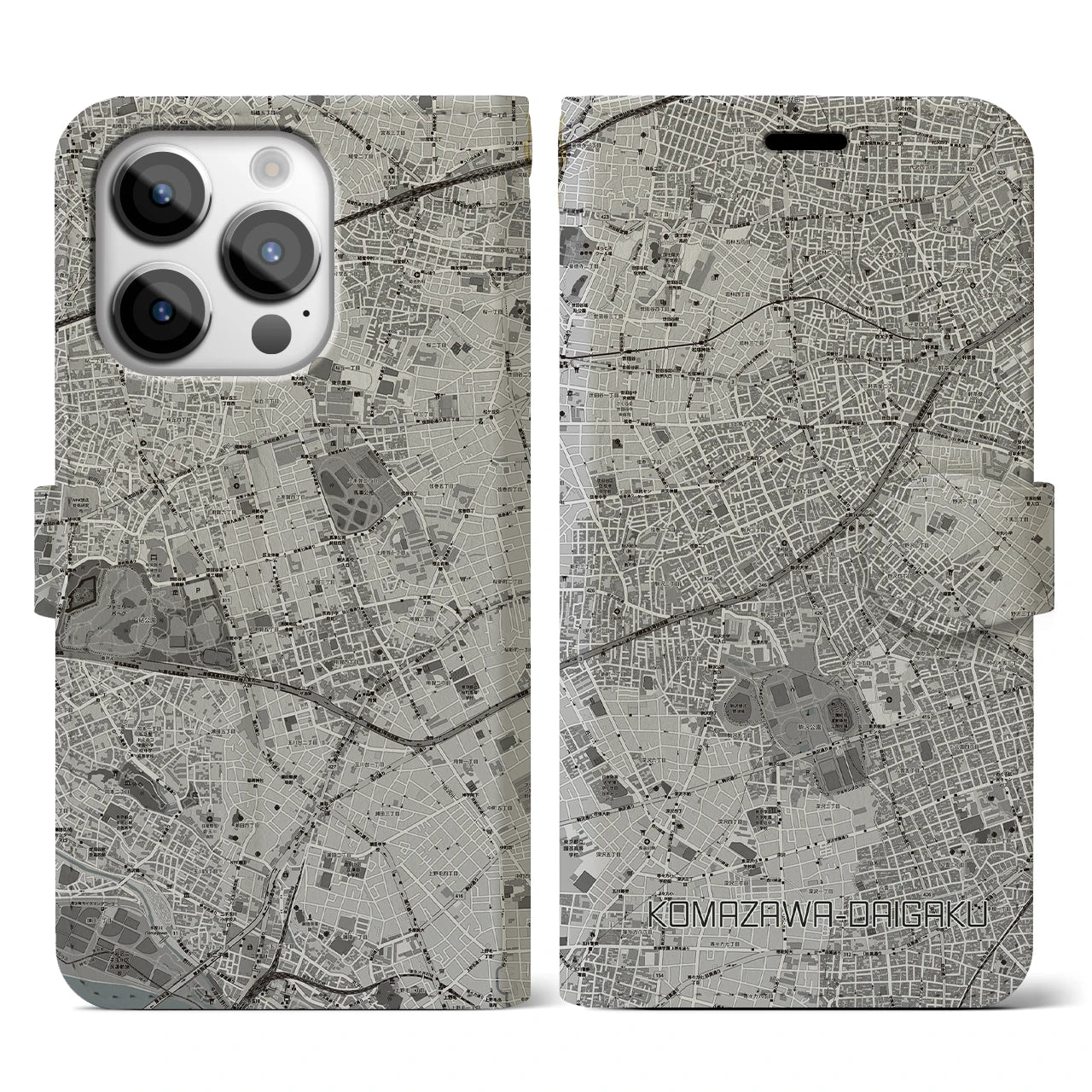 【駒沢大学(東京都)】地図柄iPhoneケース(手帳タイプ)モノトーン・iPhone 14 Pro 用