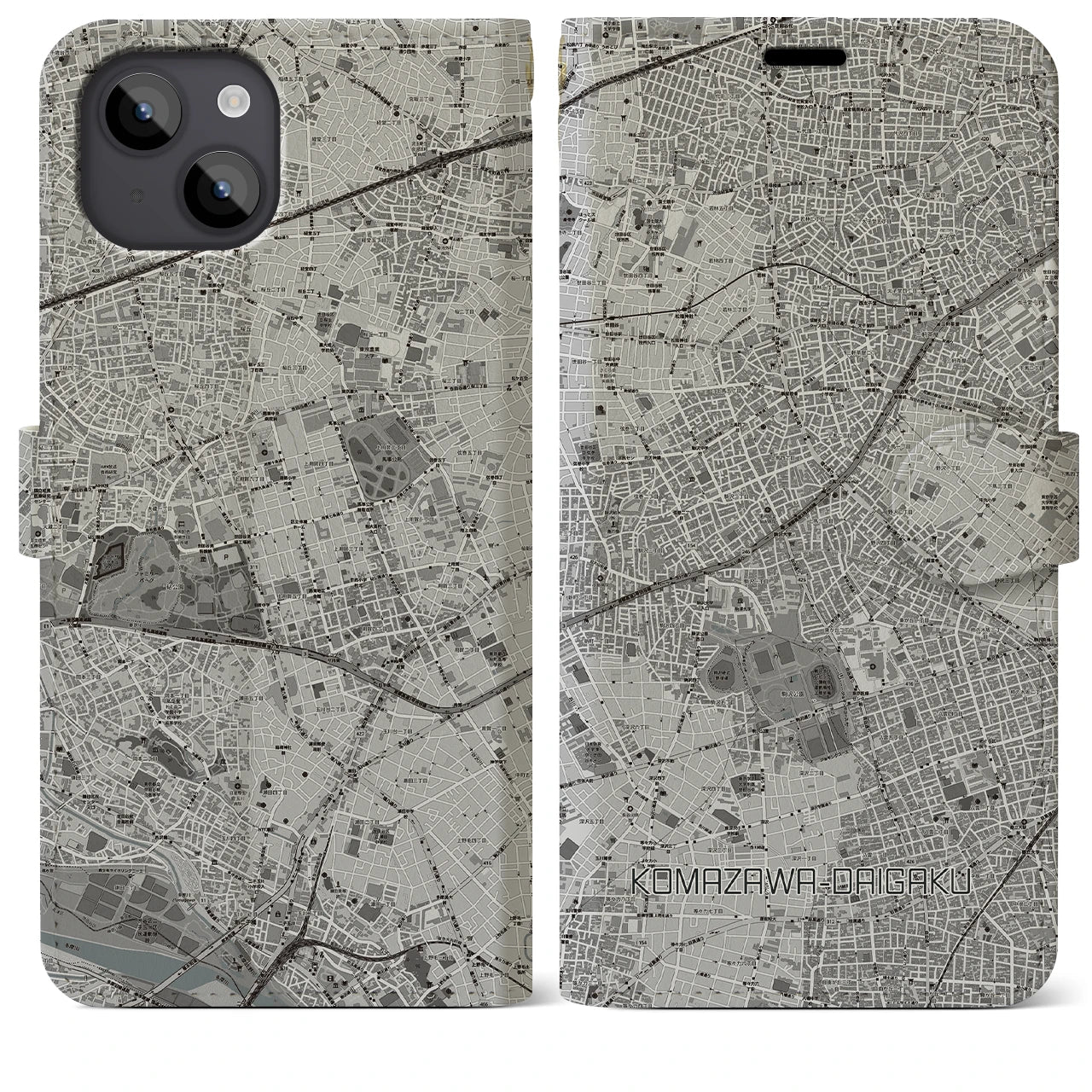 【駒沢大学(東京都)】地図柄iPhoneケース(手帳タイプ)モノトーン・iPhone 14 Plus 用