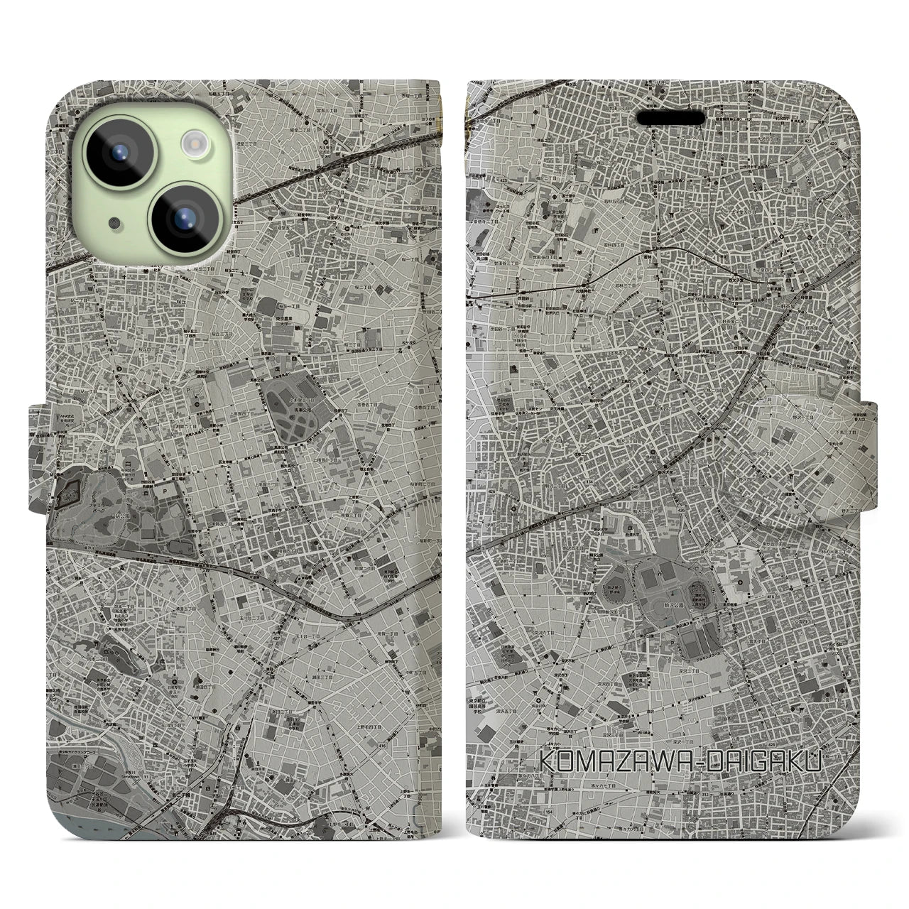 【駒沢大学(東京都)】地図柄iPhoneケース(手帳タイプ)モノトーン・iPhone 15 用