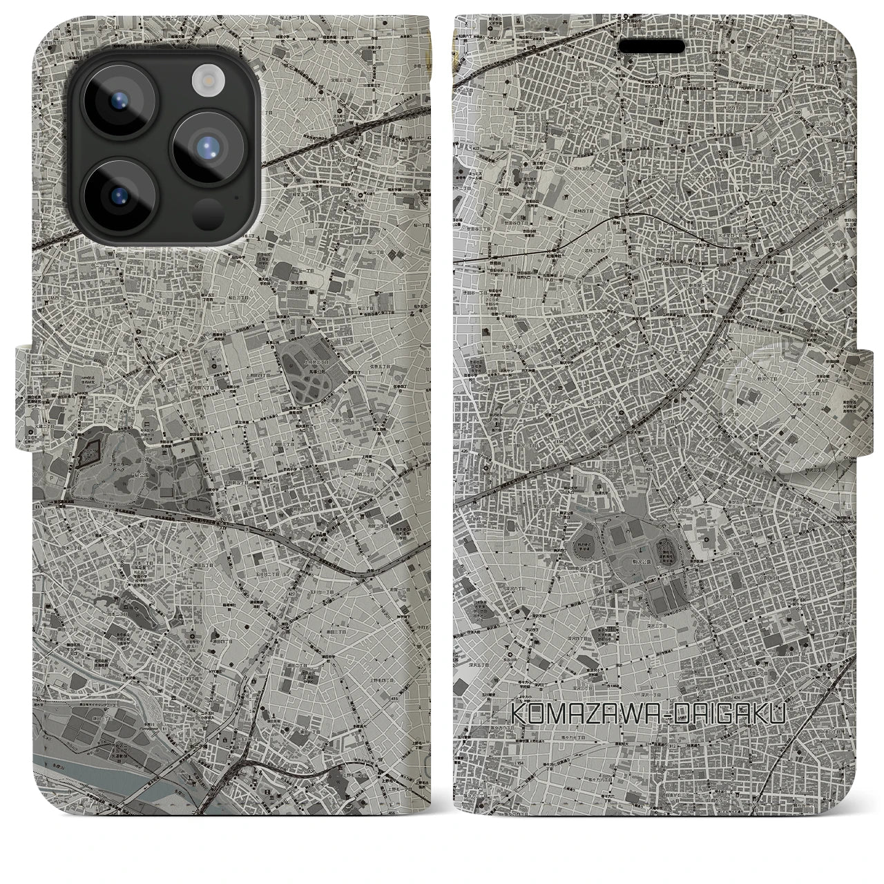 【駒沢大学(東京都)】地図柄iPhoneケース(手帳タイプ)モノトーン・iPhone 15 Pro Max 用