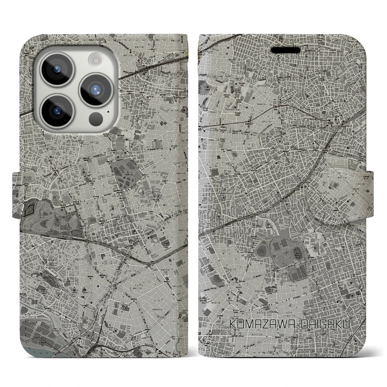 【駒沢大学(東京都)】地図柄iPhoneケース(手帳タイプ)モノトーン・iPhone 15 Pro 用