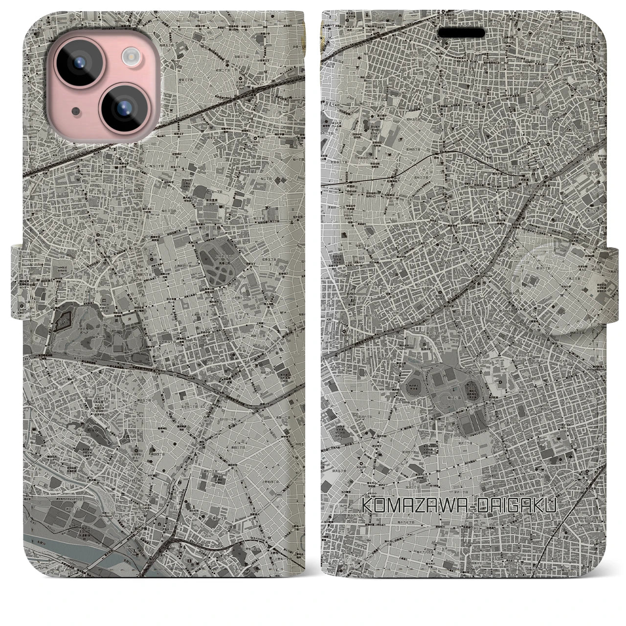 【駒沢大学(東京都)】地図柄iPhoneケース(手帳タイプ)モノトーン・iPhone 15 Plus 用
