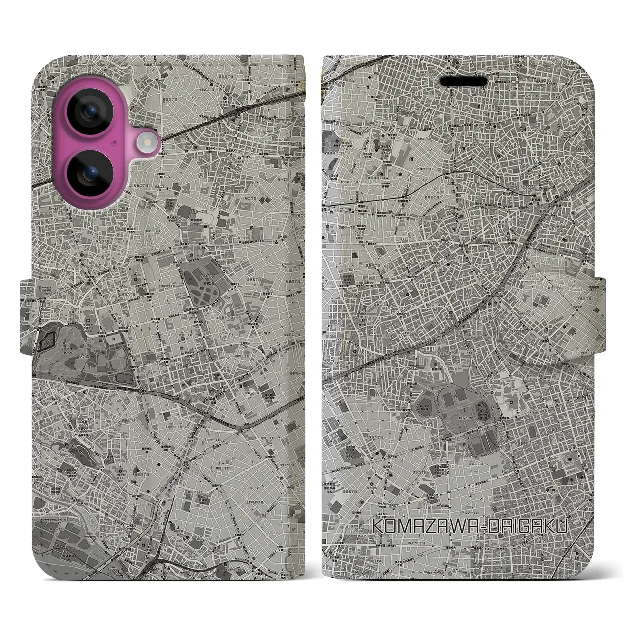 【駒沢大学(東京都)】地図柄iPhoneケース(手帳タイプ)モノトーン・iPhone 16 Pro 用