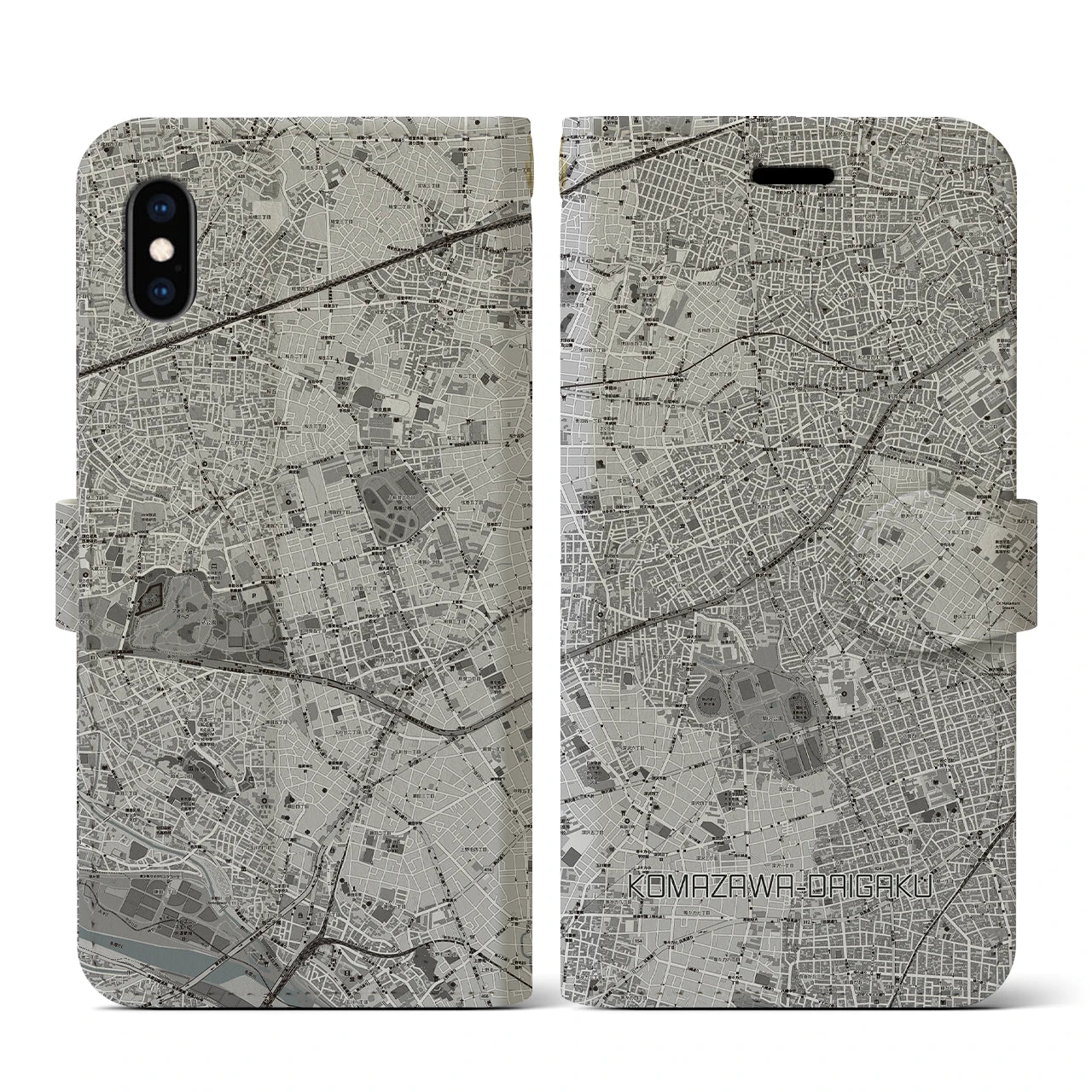 【駒沢大学(東京都)】地図柄iPhoneケース(手帳タイプ)モノトーン・iPhone XS / X 用
