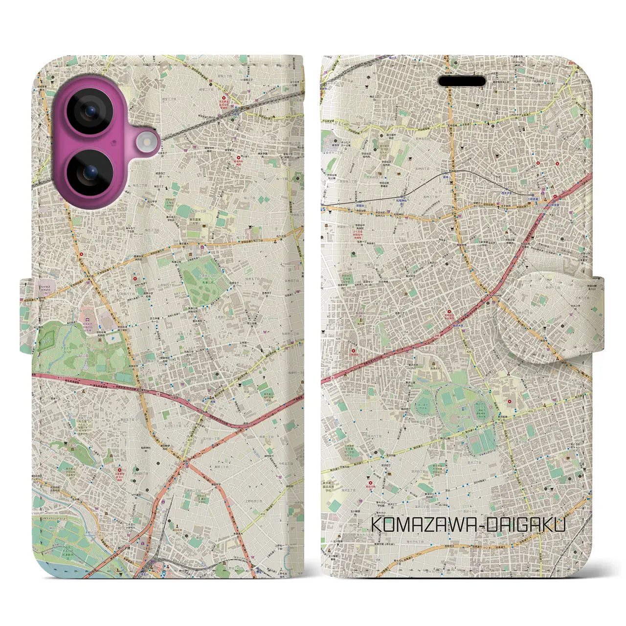 【駒沢大学(東京都)】地図柄iPhoneケース(手帳タイプ)ナチュラル・iPhone 16 Pro 用