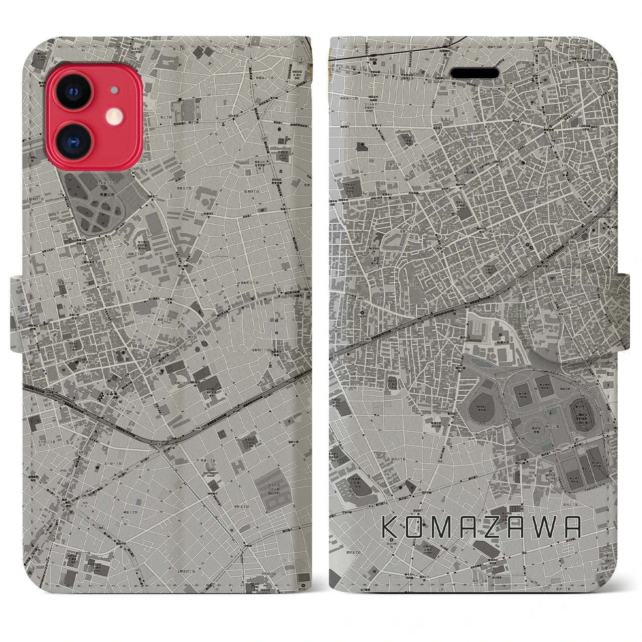 【駒沢(東京都)】地図柄iPhoneケース(手帳タイプ)モノトーン・iPhone 11 用